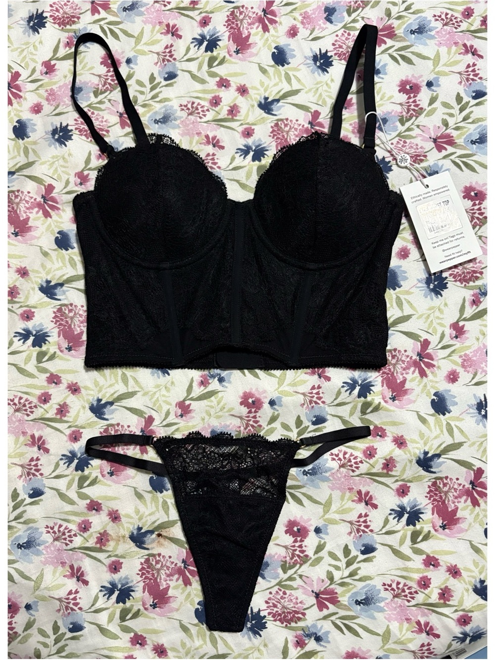 Pepper Black Lace Corset Top and Lace String Thong 32B & XS